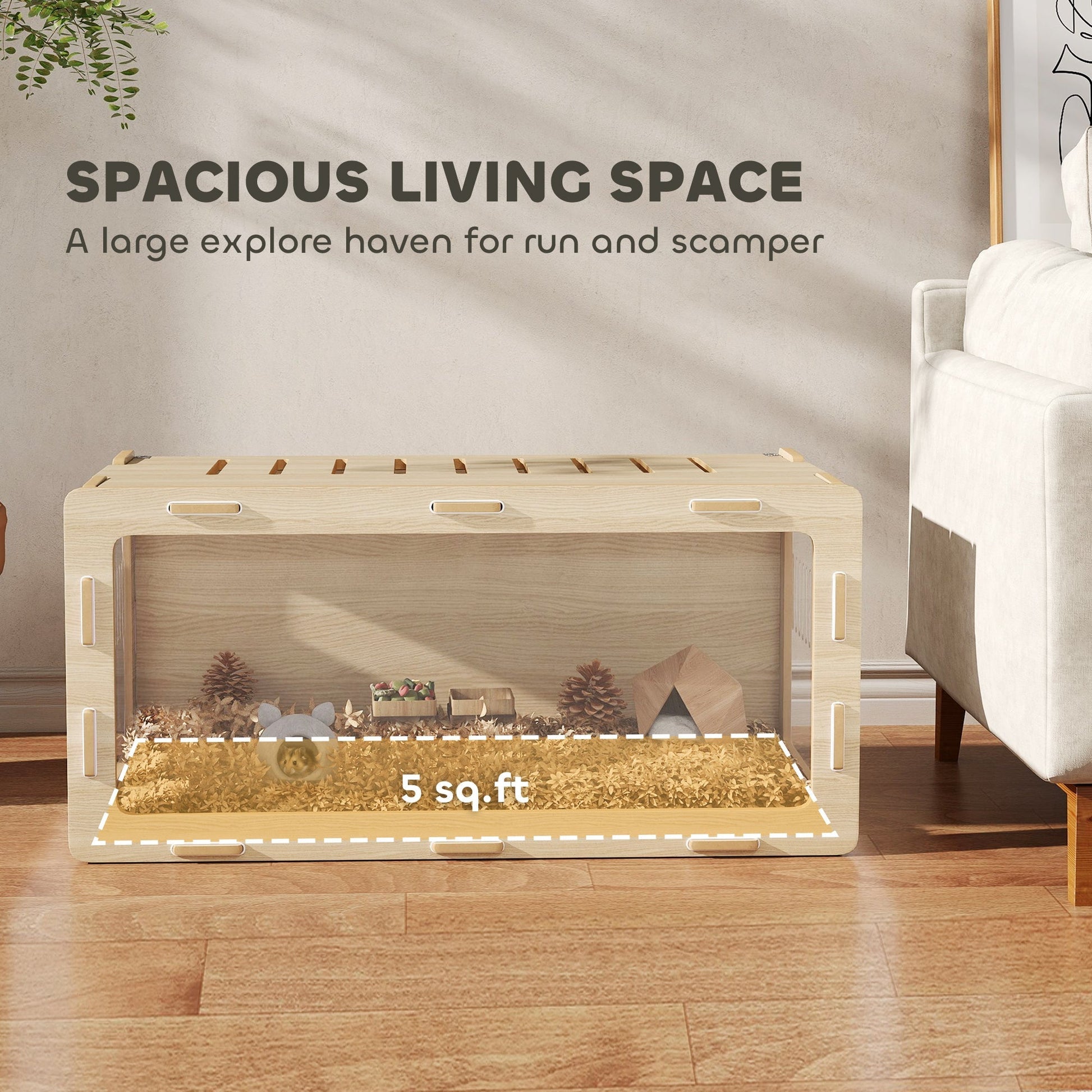 HKM-9173949 Acrylic View Hamster Cage with Openable Roof, Air Vents & Spacious Design for Small Pets - Oak Finish, 39 x 20 x 18.5 Inches