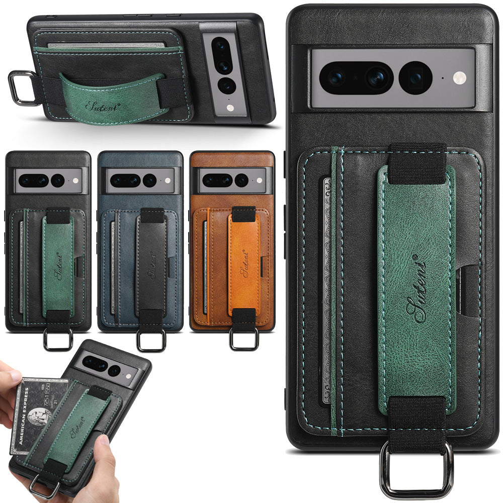 HKM-917395 Fashionable Card Holder Phone Case with Stand and Bracelet for Google Models - Black, Brown, Blue