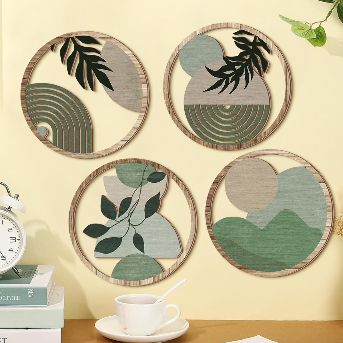 HKM-917395 Retro Multi-Leaf Wooden Wall Stickers Set - Four Decorative Craft Pendants
