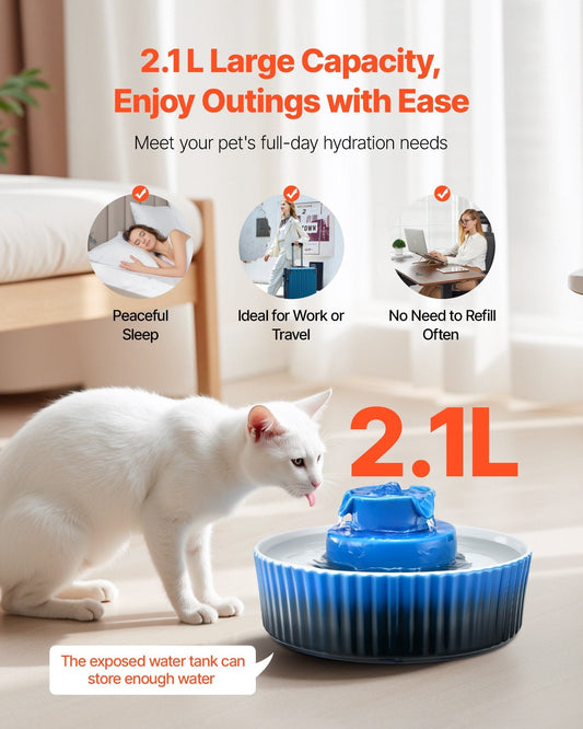 HKM-9176125 Ceramic Pet Water Fountain 2.1L for Cats and Dogs with 360¡ã Drinking Area and Multi-Layer Filtration