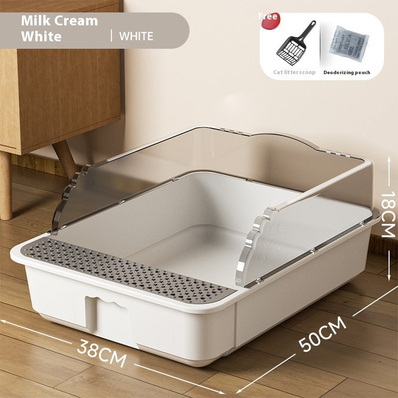 HKM-9179709 Extra Large Splash-proof Cat Litter Box with Shovel and Deodorant Bag in Milk Cream White