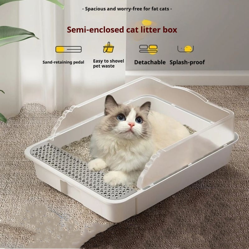 HKM-9179709 Extra Large Splash-proof Cat Litter Box with Shovel and Deodorant Bag in Milk Cream White