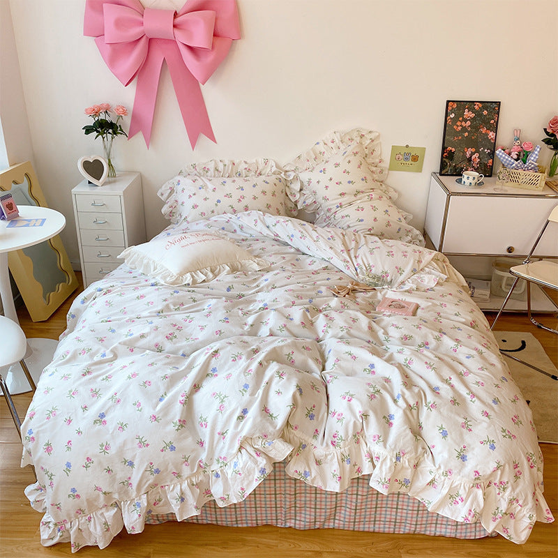HKM-918611 Lotus Flower Cotton Four-Piece Bed Set with Floral Design, Available in Multiple Sizes