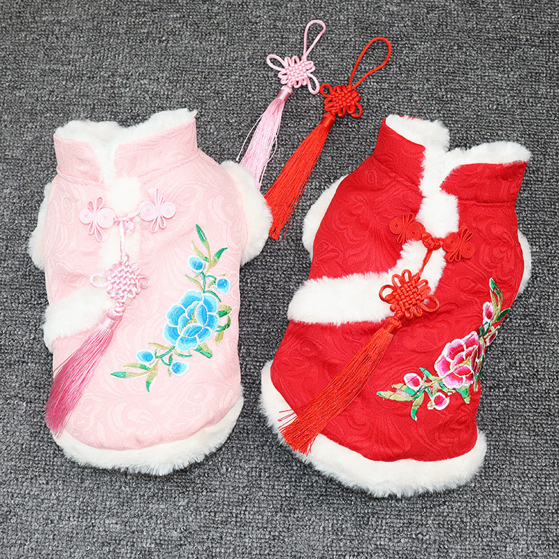 HKM-9186365 Teddy Corgi Hanfu Cat Costume with Jacquard Fabric and Rabbit Fur Trim