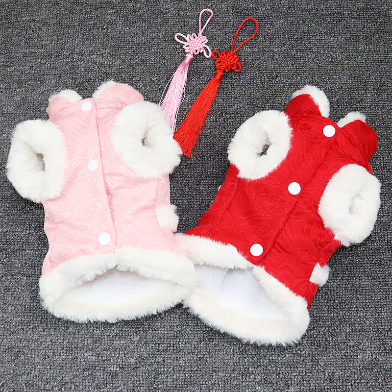 HKM-9186365 Teddy Corgi Hanfu Cat Costume with Jacquard Fabric and Rabbit Fur Trim
