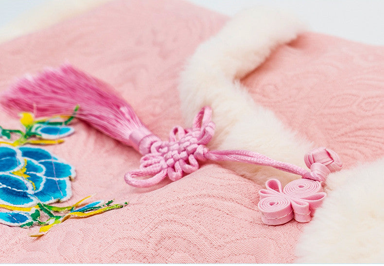 HKM-9186365 Teddy Corgi Hanfu Cat Costume with Jacquard Fabric and Rabbit Fur Trim