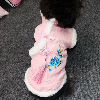 HKM-9186365 Teddy Corgi Hanfu Cat Costume with Jacquard Fabric and Rabbit Fur Trim