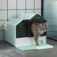HKM-9187261 Light Blue Hooded Cat Litter Box with Drawer and Litter Mat, Odor Control Design