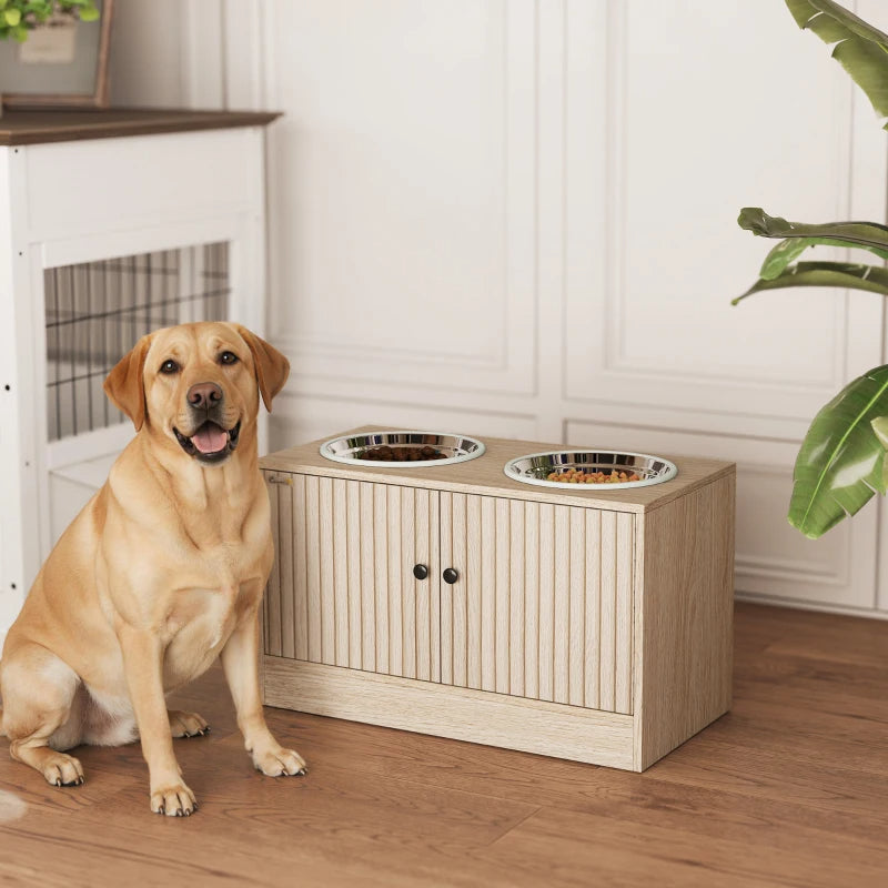 HKM-9187773 Elevated Large Dog Bowl Feeder with Storage Drawer, Slow Feeder Mat, and Stainless Steel Bowls