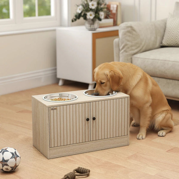HKM-9187773 Elevated Large Dog Bowl Feeder with Storage Drawer, Slow Feeder Mat, and Stainless Steel Bowls