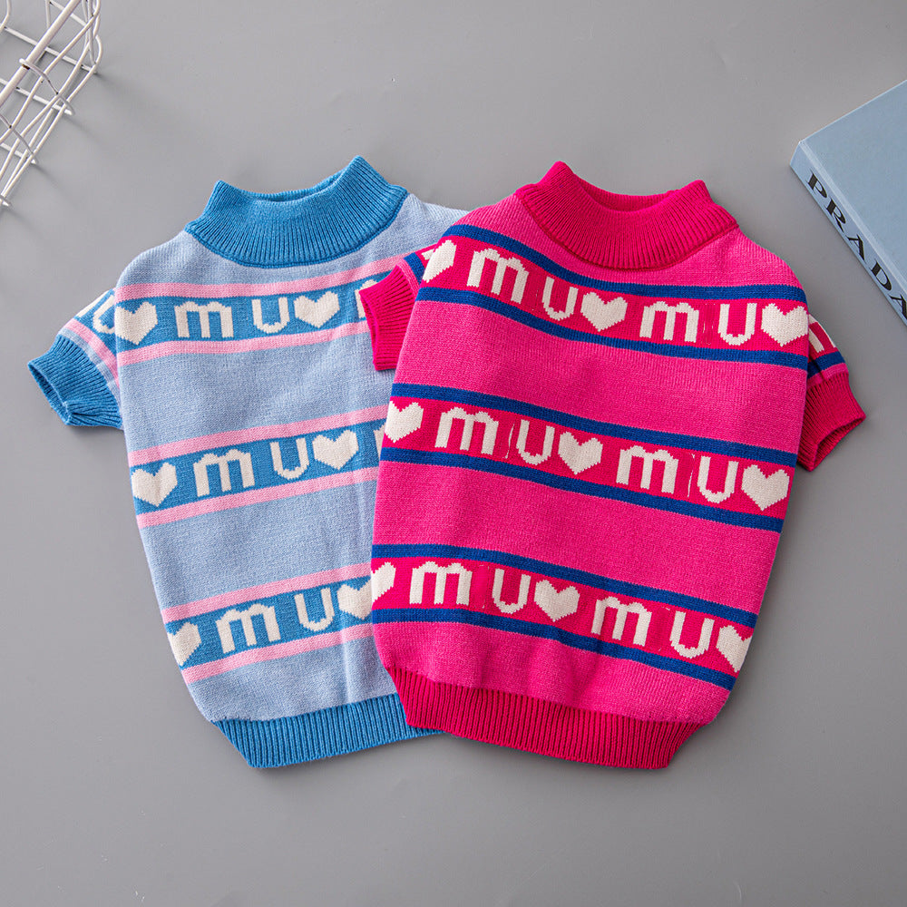 HKM-9189949 Thickened Double Layer Dog Sweater in Blue and Red ¨C Cozy Wool Pet Apparel