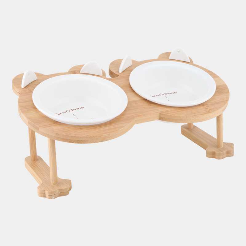 HKM-9191741 Inclined Ceramic Cat and Dog Food Bowl with Bamboo Support