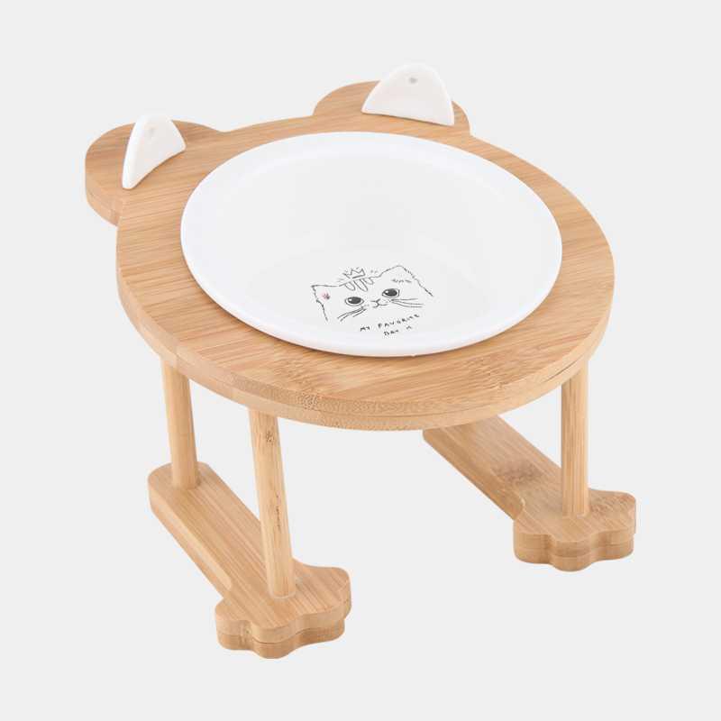 HKM-9191741 Inclined Ceramic Cat and Dog Food Bowl with Bamboo Support