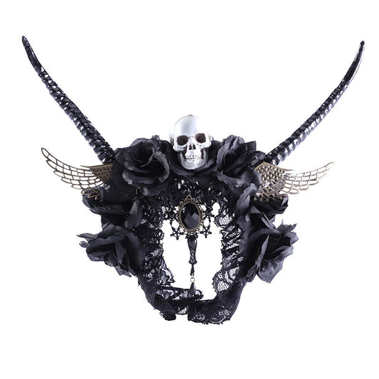 HKM-919187 Dark Fantasy Headband with Horns, Skeletons, Wings, and Black Flowers for Halloween and Costume Parties