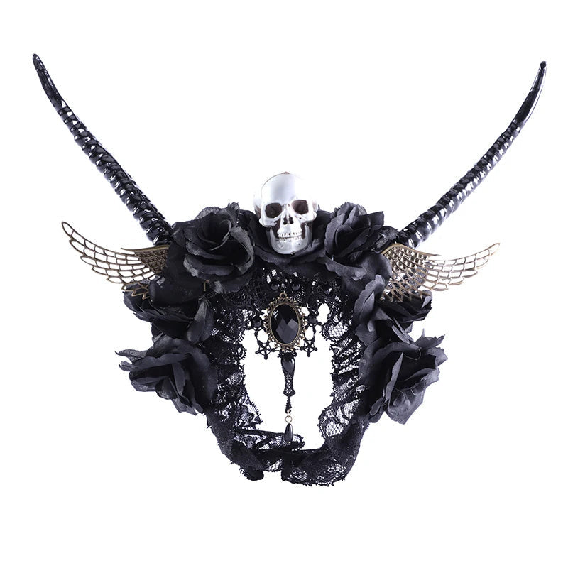 HKM-919187 Dark Fantasy Headband with Horns, Skeletons, Wings, and Black Flowers for Halloween and Costume Parties