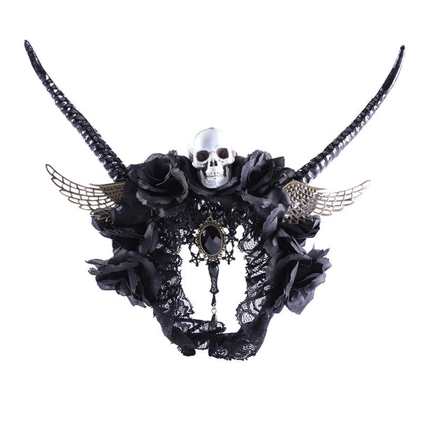 HKM-919187 Dark Fantasy Headband with Horns, Skeletons, Wings, and Black Flowers for Halloween and Costume Parties