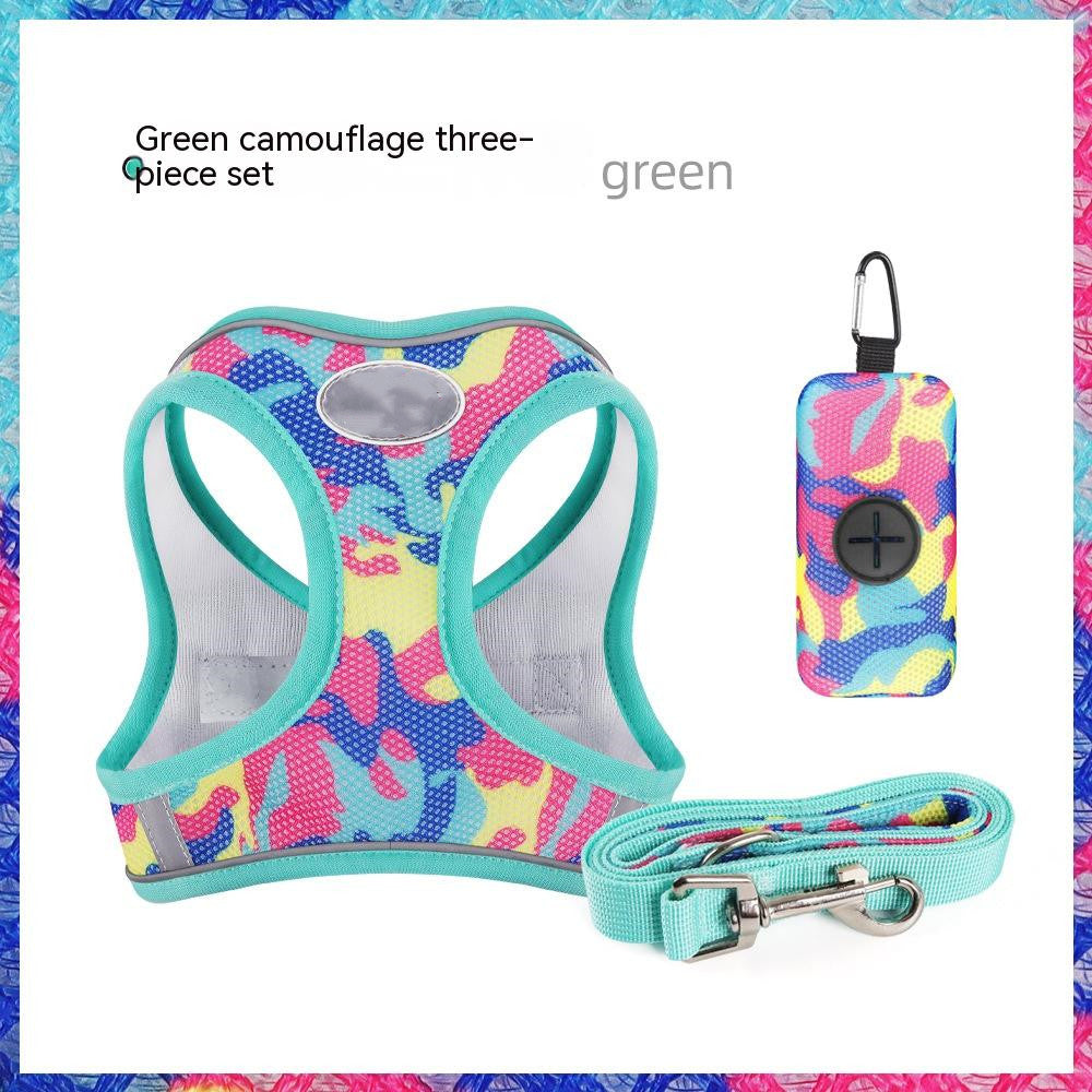 HKM-9196605 Reflective Breathable Dog Rope Vest-Style Harness with Leash & Storage Bag - Multiple Camouflage Colors