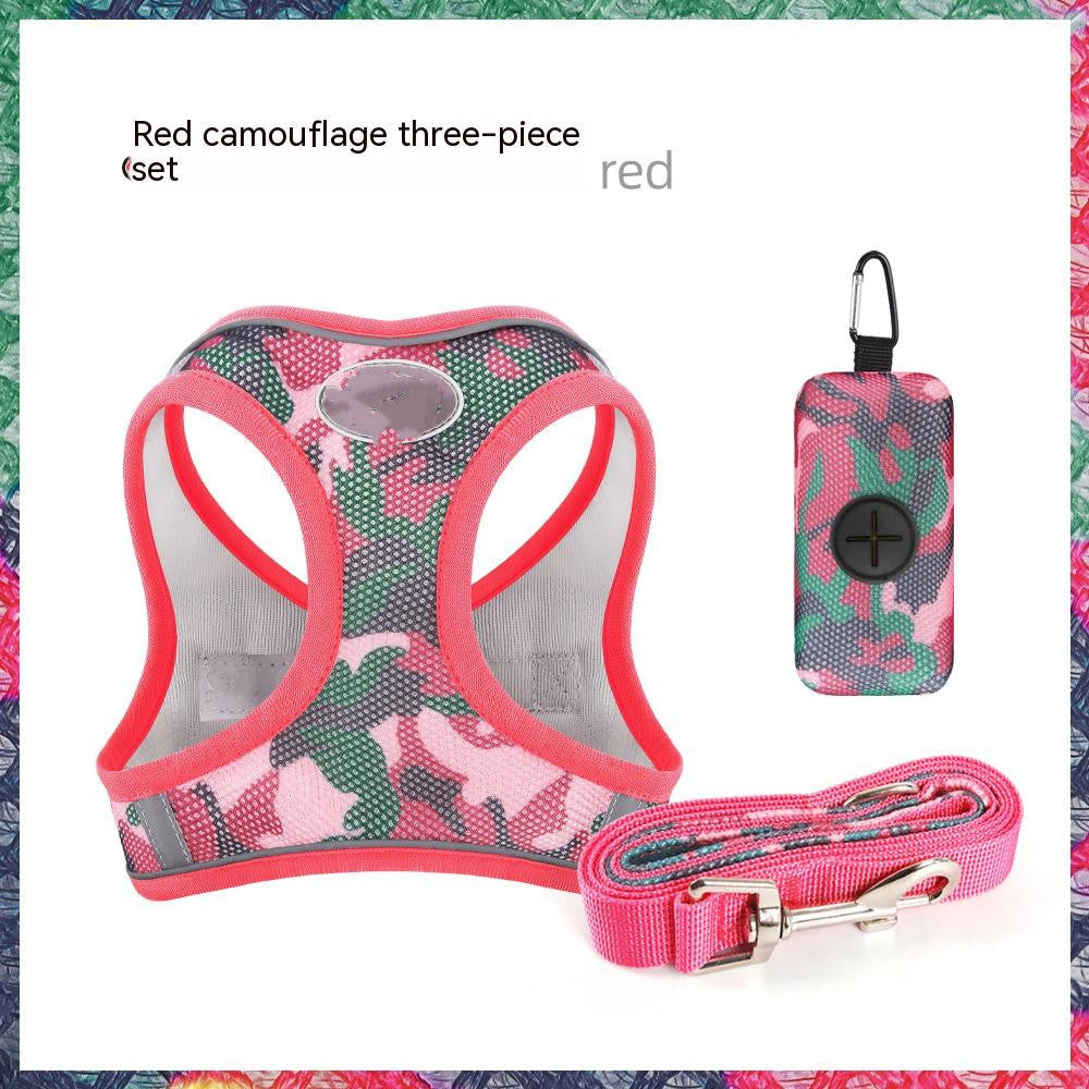 HKM-9196605 Reflective Breathable Dog Rope Vest-Style Harness with Leash & Storage Bag - Multiple Camouflage Colors