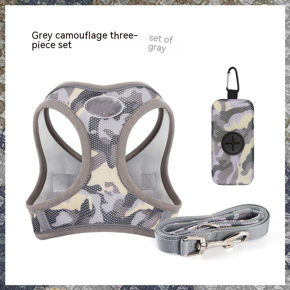 HKM-9196605 Reflective Breathable Dog Rope Vest-Style Harness with Leash & Storage Bag - Multiple Camouflage Colors