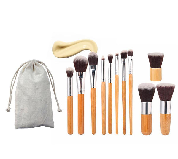 HKM-919827 11-Piece Bamboo Handle Makeup Brush Set with Linen Bag for Blush and Foundation Application