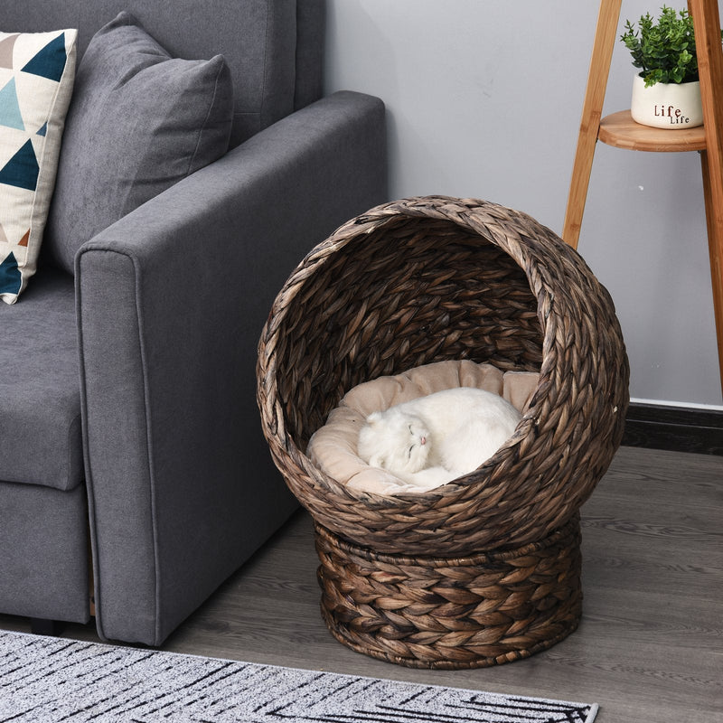HKM-9200957 Handmade Dark Brown Wicker Elevated Cat Bed with Soft Cushion for Kittens