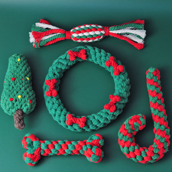 HKM-9203901 Cotton Rope Knot Toy for Dogs and Cats - Christmas Tree Design, Durable and Safe for Chewing