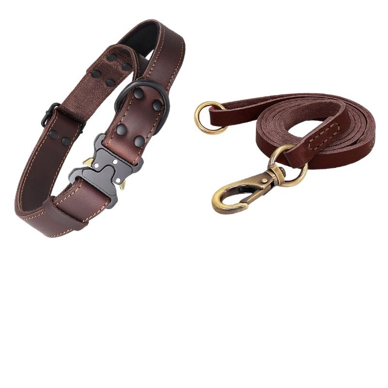 HKM-9205693 Leather Large Dog Bandana with Pulling Rope - Black and Brown Options Available