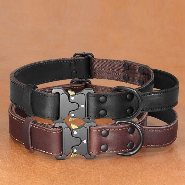 HKM-9205693 Leather Large Dog Bandana with Pulling Rope - Black and Brown Options Available