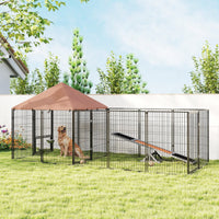 HKM-9206717 Large Adjustable Outdoor Dog Kennel with Waterproof Canopy and Rotating Bowls - 11.3' x 4.7' x 5.1'