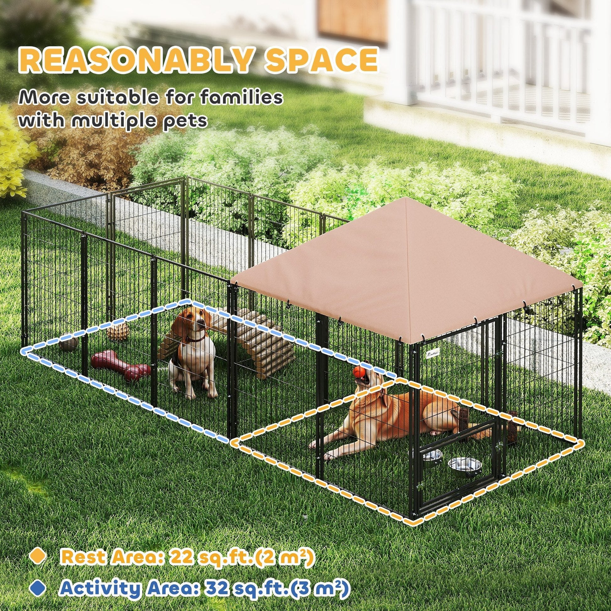 HKM-9206717 Large Adjustable Outdoor Dog Kennel with Waterproof Canopy and Rotating Bowls - 11.3' x 4.7' x 5.1'