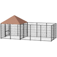 HKM-9206717 Large Adjustable Outdoor Dog Kennel with Waterproof Canopy and Rotating Bowls - 11.3' x 4.7' x 5.1'
