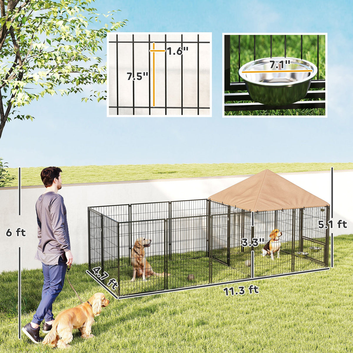 HKM-9206717 Large Adjustable Outdoor Dog Kennel with Waterproof Canopy and Rotating Bowls - 11.3' x 4.7' x 5.1'