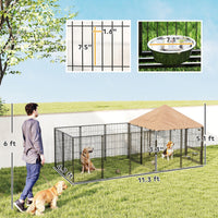 HKM-9206717 Large Adjustable Outdoor Dog Kennel with Waterproof Canopy and Rotating Bowls - 11.3' x 4.7' x 5.1'