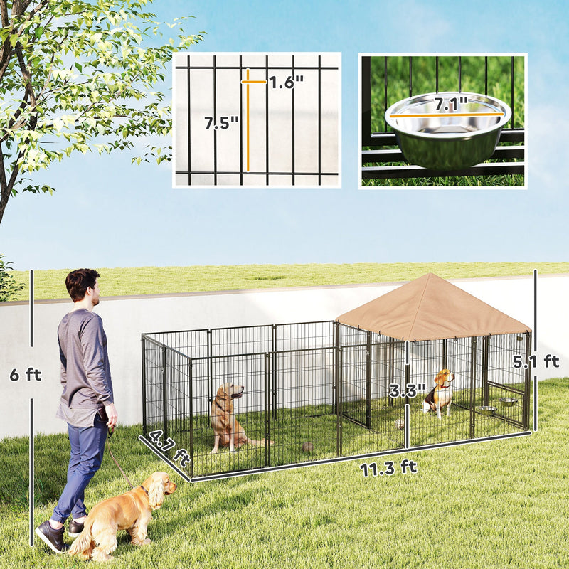 HKM-9206717 Large Adjustable Outdoor Dog Kennel with Waterproof Canopy and Rotating Bowls - 11.3' x 4.7' x 5.1'