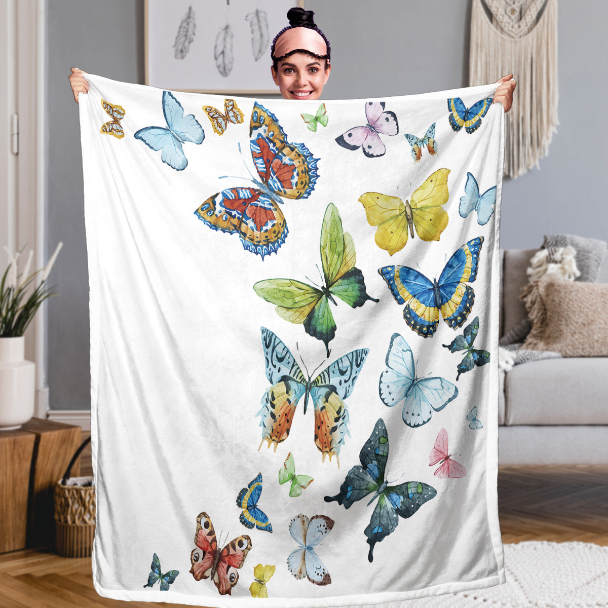 HKM-920915 Colorful Butterfly Reversible Sherpa Fleece Blanket - Soft, Warm, and Versatile Throw for Adults and Toddlers, 50x60 Inches and 60x80 Inches