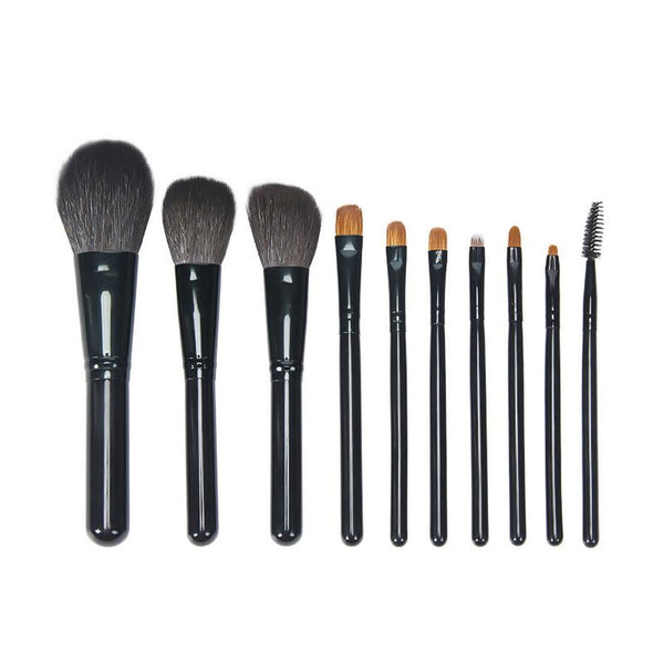 HKM-920979 10-Piece Yellow Wolf Hair Makeup Brush Set with Natural Wood Handles
