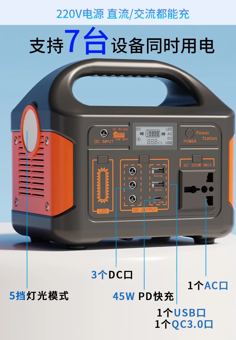 HKM-921107 300W Outdoor Power Station with LiFePO4 Battery and Pure Sine Wave Output, 184Wh/230Wh, Lightweight Design