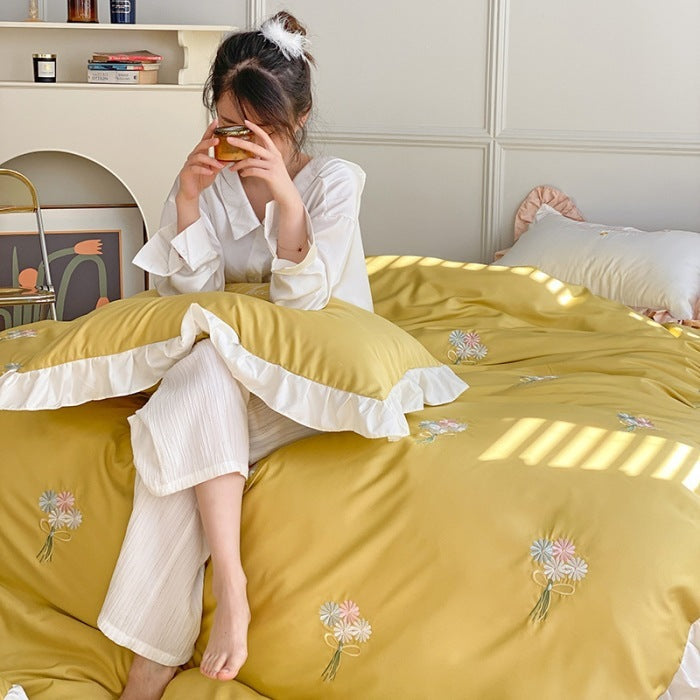 HKM-921235 Washed Silk Four-Piece Bed Sheet Set with Quilt Cover and Pillowcases