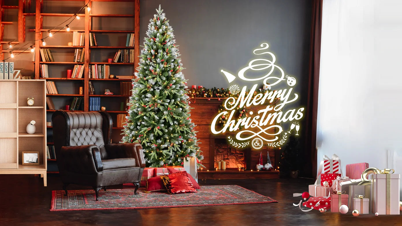 HKM-921363 9FT Snow-Tipped Christmas Tree with 750 Warm White LED Lights, Red Berries, Pine Cones, Hinged Design