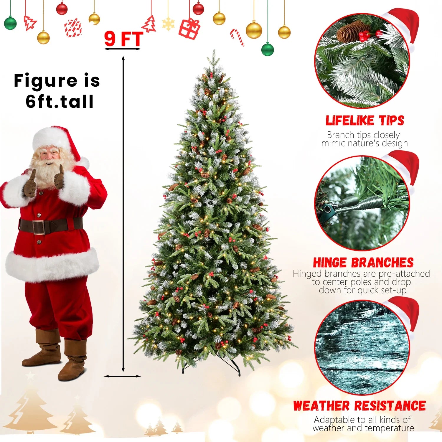 HKM-921363 9FT Snow-Tipped Christmas Tree with 750 Warm White LED Lights, Red Berries, Pine Cones, Hinged Design
