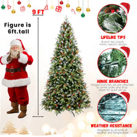 HKM-921363 9FT Snow-Tipped Christmas Tree with 750 Warm White LED Lights, Red Berries, Pine Cones, Hinged Design