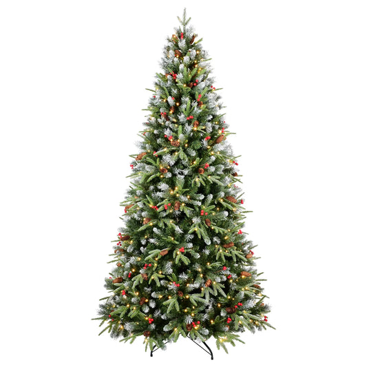 HKM-921363 9FT Snow-Tipped Christmas Tree with 750 Warm White LED Lights, Red Berries, Pine Cones, Hinged Design