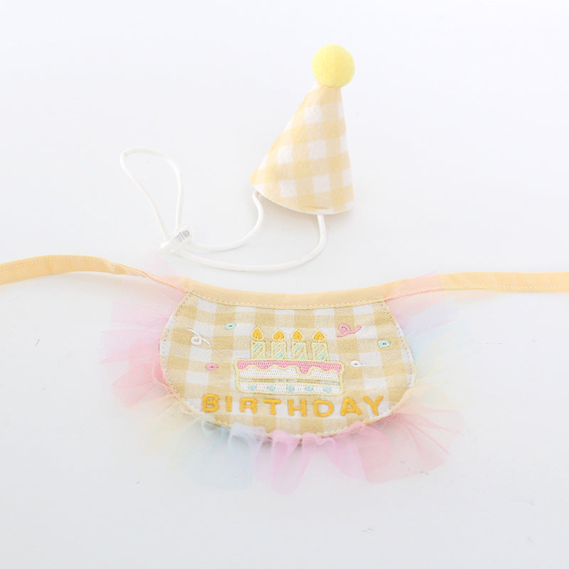 HKM-9216189 Dog Birthday Bib and Adjustable Hat Set in Yellow for Pet Celebrations