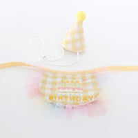 HKM-9216189 Dog Birthday Bib and Adjustable Hat Set in Yellow for Pet Celebrations