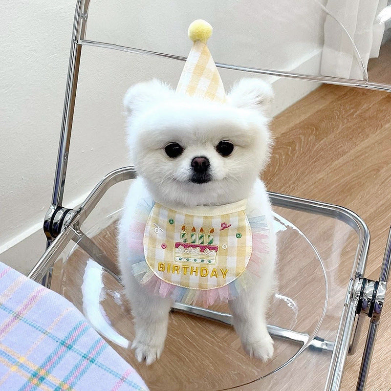 HKM-9216189 Dog Birthday Bib and Adjustable Hat Set in Yellow for Pet Celebrations