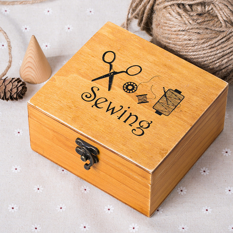 HKM-921747 Retro Solid Wood Sewing Box with Accessories - Portable Hand-Stitched Kit for Crafting