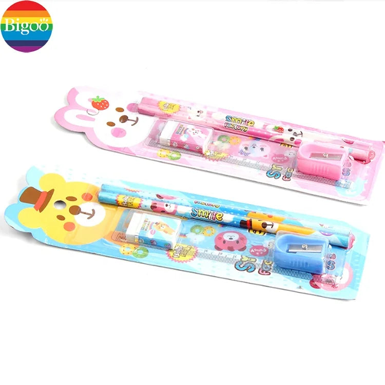 HKM-921875 5-Piece Kids' School Supplies Set with Pencil, Ruler, and Eraser in Pink and Blue