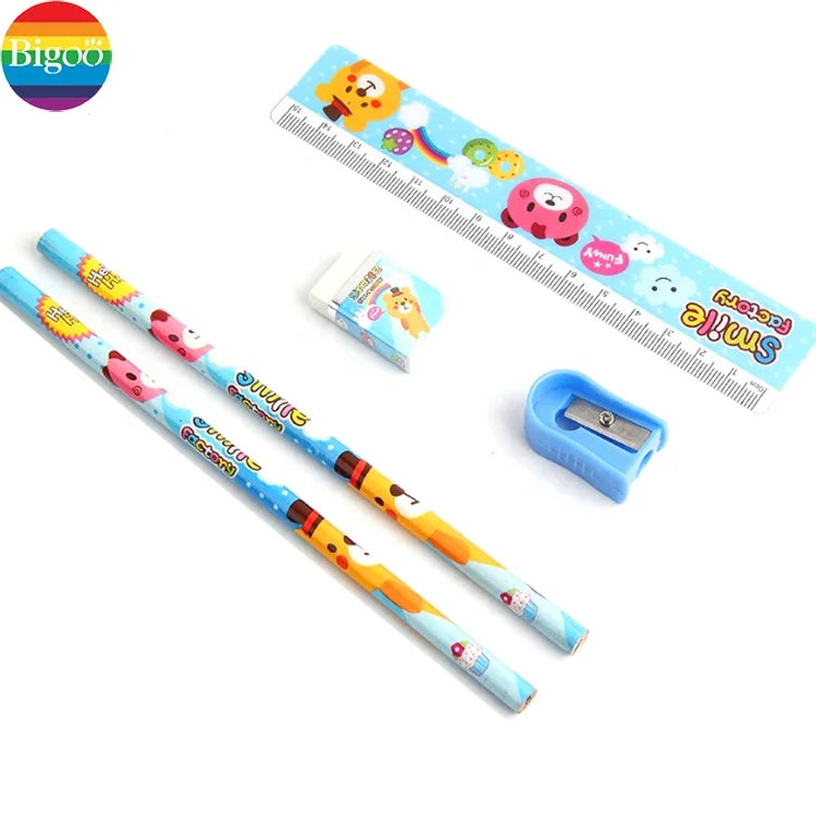 HKM-921875 5-Piece Kids' School Supplies Set with Pencil, Ruler, and Eraser in Pink and Blue