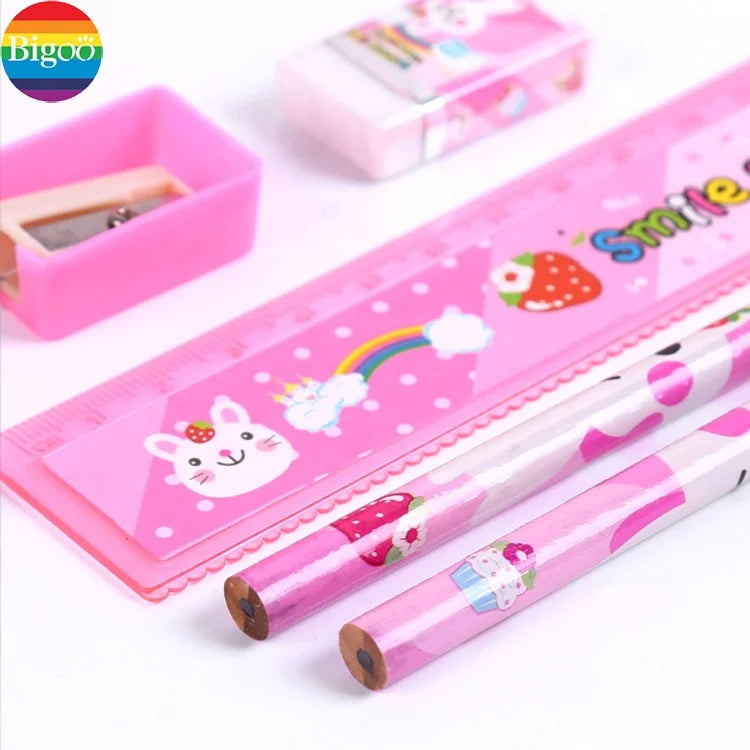 HKM-921875 5-Piece Kids' School Supplies Set with Pencil, Ruler, and Eraser in Pink and Blue