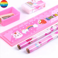 HKM-921875 5-Piece Kids' School Supplies Set with Pencil, Ruler, and Eraser in Pink and Blue